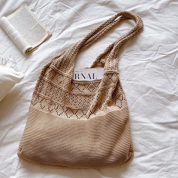 Mesh Crochet Boho Tote Bag Khaki