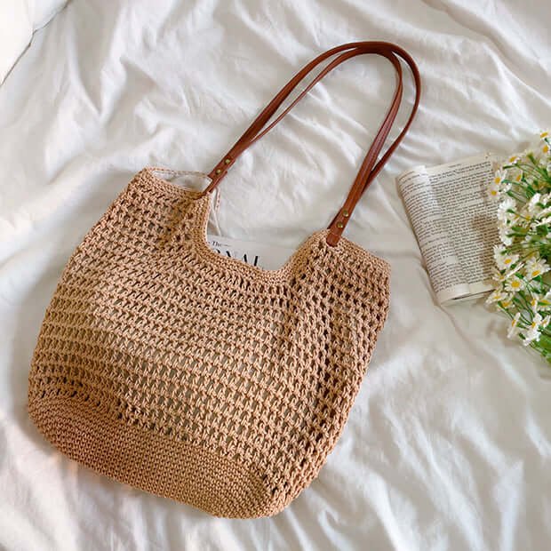 Vintage Handmade Crochet Cotton Big Tote Brown