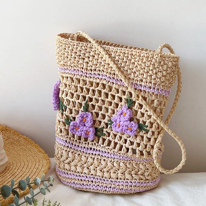 Raffia Embroidered Bucket Straw Bag