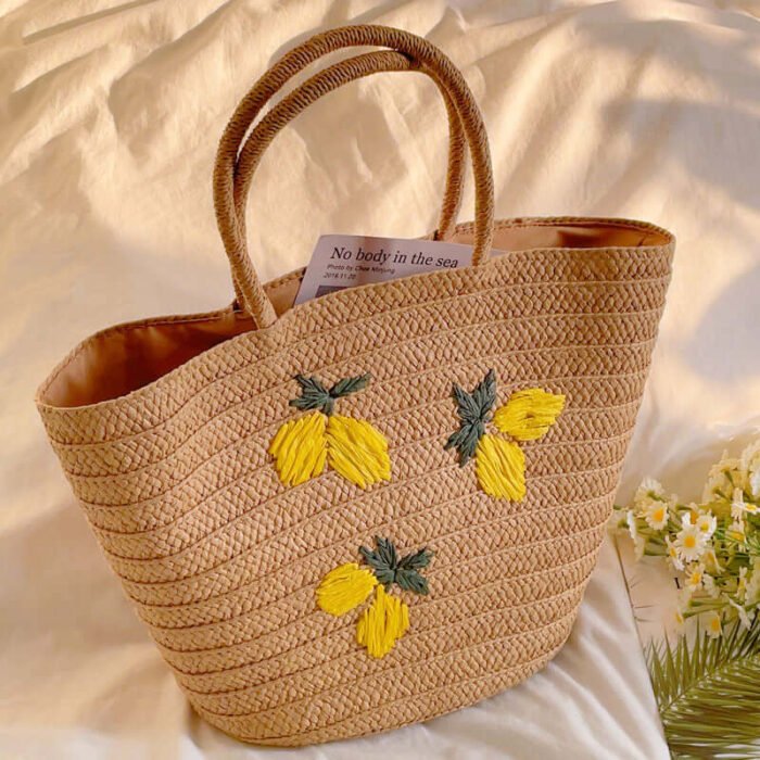 Lemon Embroidered Woven Straw Tote Bag