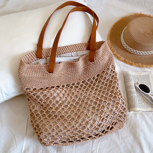 Vintage Handmade Crochet Cotton Big Tote Brown