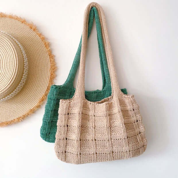 Khaki Knit Shopping Crochet Checked Tote Bag