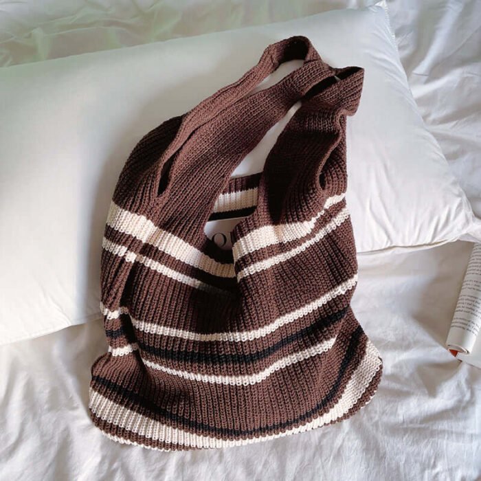 Striped Knitting Crochet Bucket Tote with Inner Bag