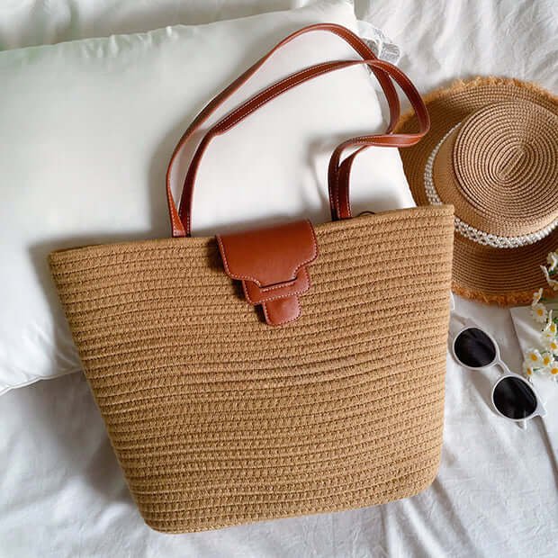 Beach Medieval Straw Tote Bag with Leather Strap