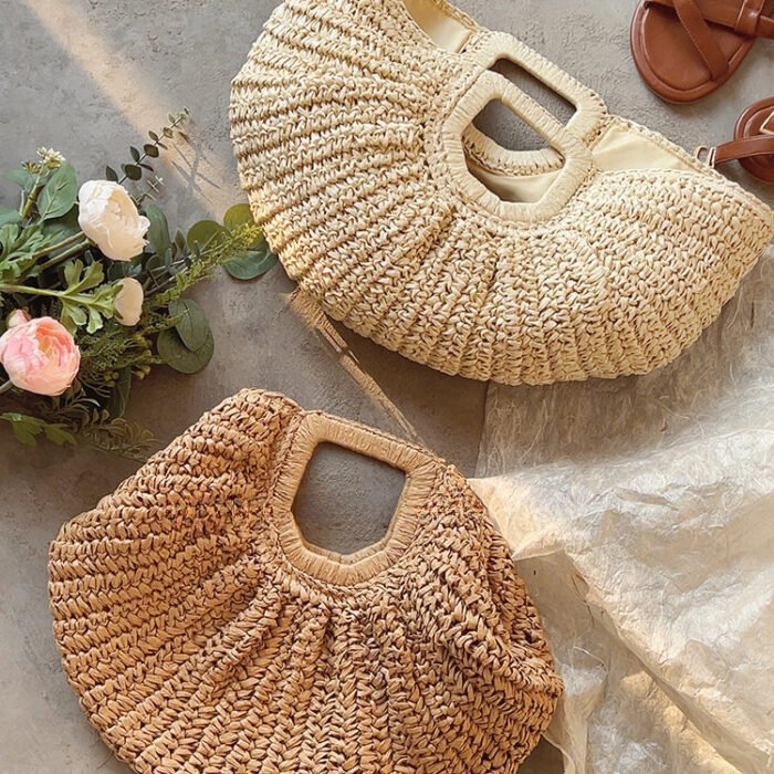 Woven Moon Half Circle Beach Straw Handbag