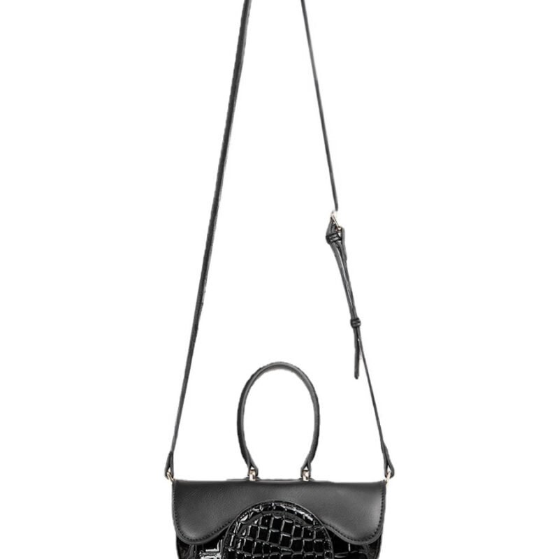 Black Geometric Square Croc Pattern Mini Leather Bag