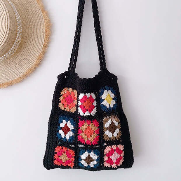 Grocery Crochet Pattern Granny Square Bag Black