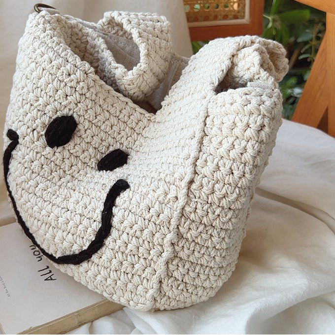 Cute Smiling Face Snap Knitted Handbag White