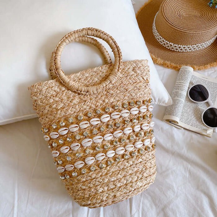 Diamond Shell Straw Basket Bag with Round Handles