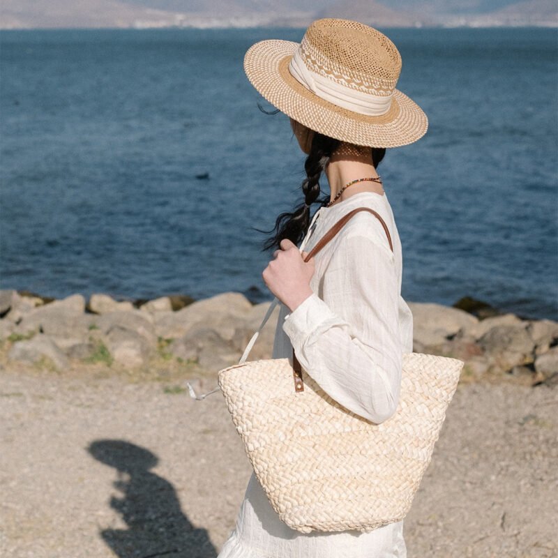 Beige Big Basket Bucket Purse Bag for Summer Beach