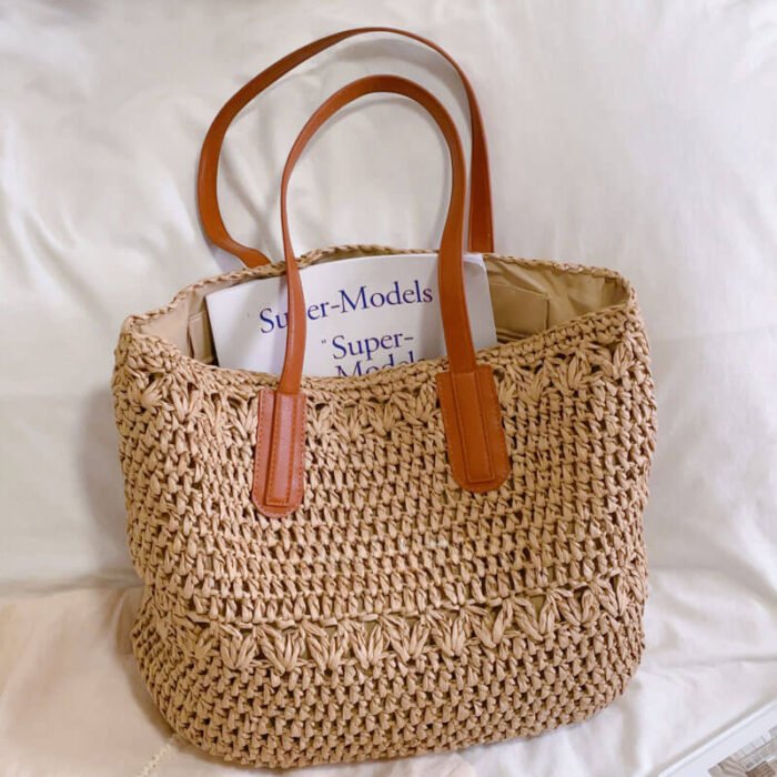 Summer Commuting Straw Tote Bag with Leather Handles