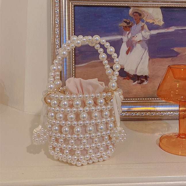 Handmade Woven Pearl Beaded Bucket Handbag