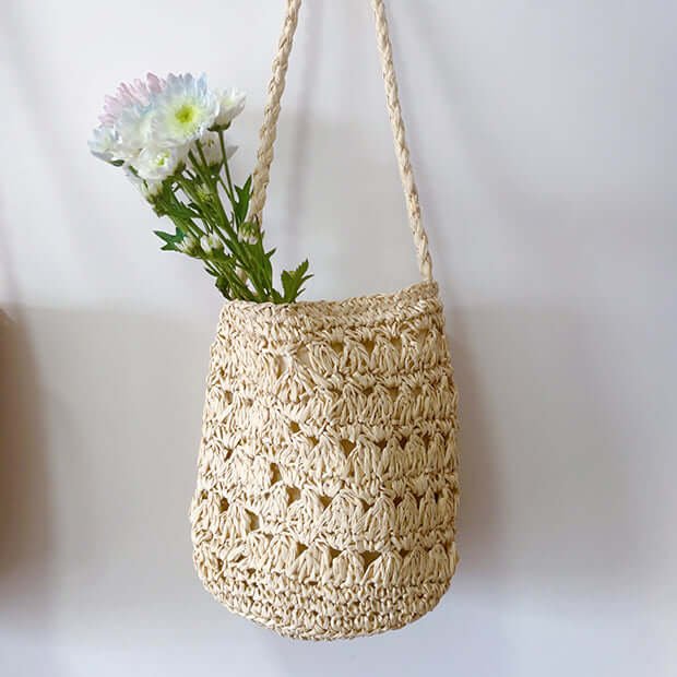 French Drawstring Bucket Cylinder Straw Bag White