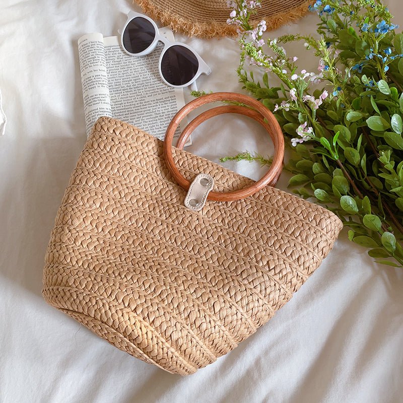 Woven Wooden handle Straw Beach Bucket Bag