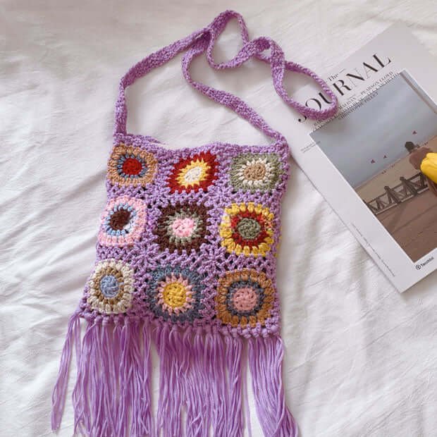 Cute Fringe Crochet Sunflower Crossbody Bag Purple