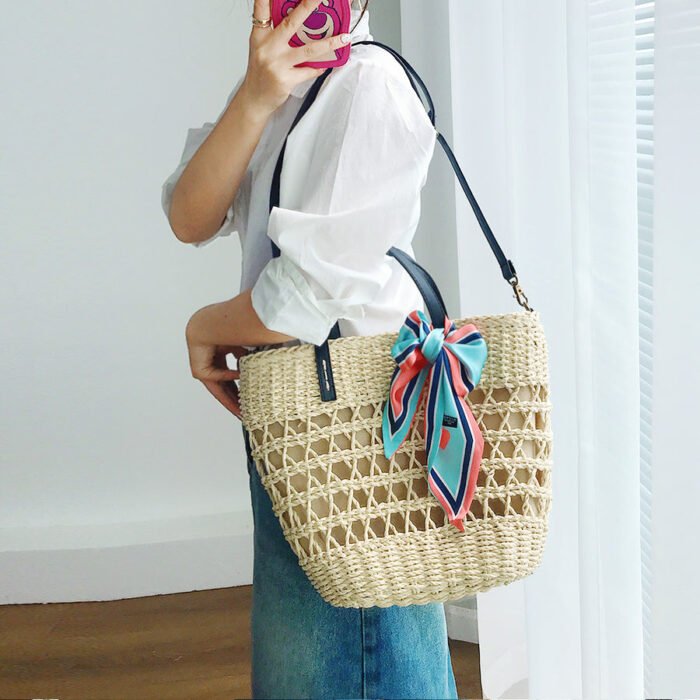 White Summer Straw Bucket Tote with Leather Handle