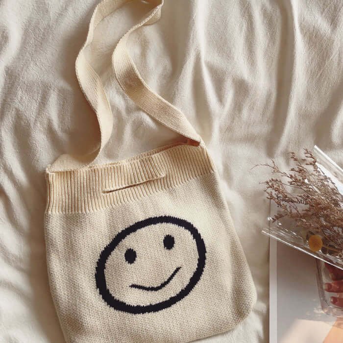 Cute Design Smiling Face Crochet Cross body Bag White