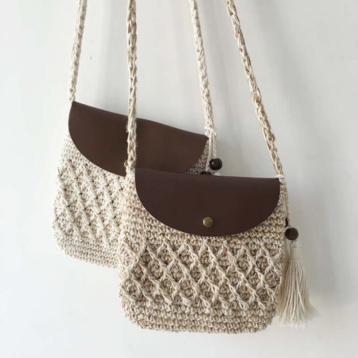 Cute Handmade Crochet Flip Bag with Tassel Apricot