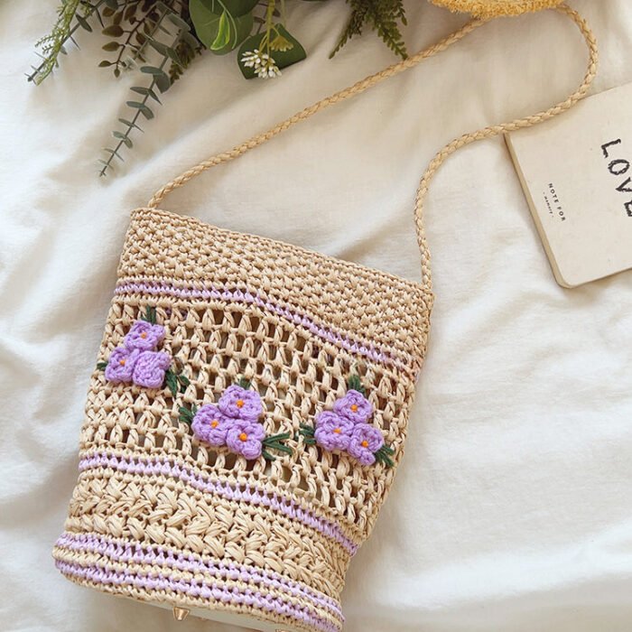 Raffia Embroidered Bucket Straw Bag