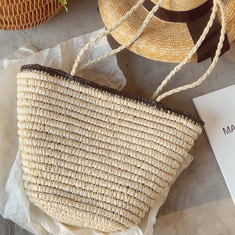 Cute Women Straw Tote Bag with Zipper White