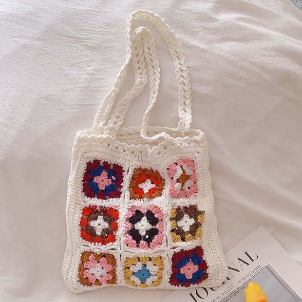 Designer Flower Crochet Pattern Granny Square Tote White