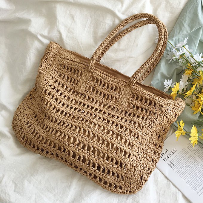 Brown Large Zippered Woven Beach Tote