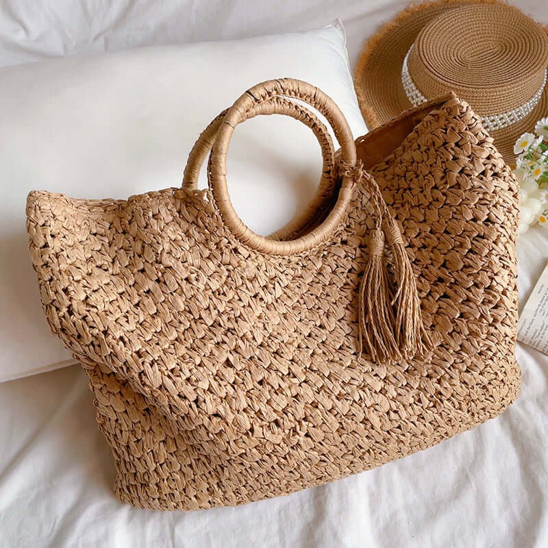 Big Woven Straw Tote Bag with Round Handle