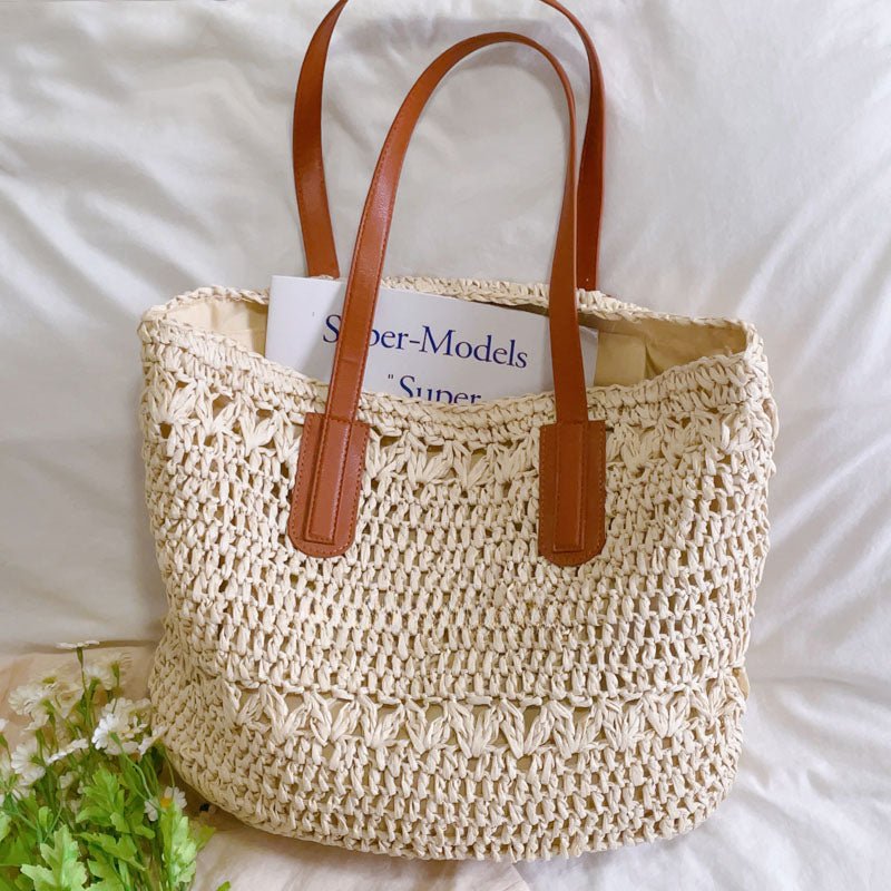 White Woven Beach Zippered Straw Bag Summer