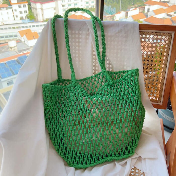 Mesh Solid Crochet Beach Tote with Inner Pocket