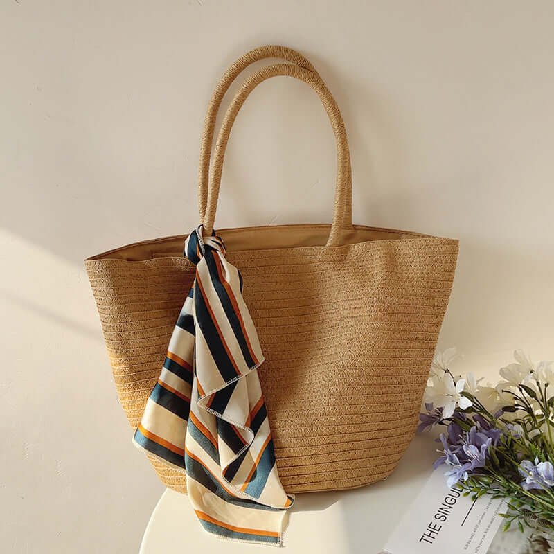 Designer Woven Large Straw Tote Bag for Summer Brown