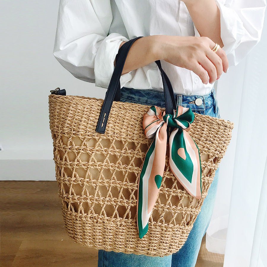 White Summer Straw Bucket Tote with Leather Handle