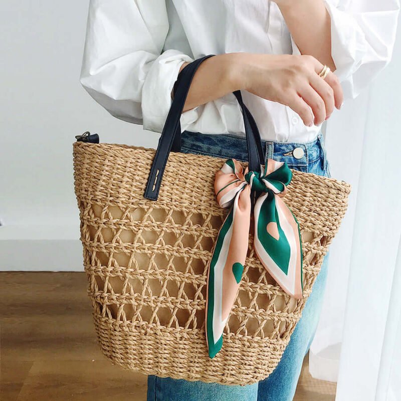 Brown Leather Handle Straw Bucket Bag for Women