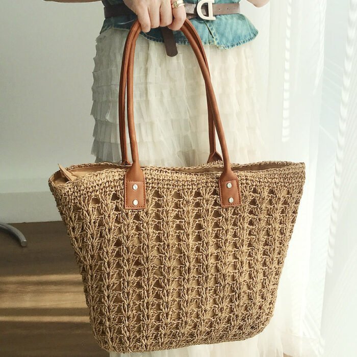 Modern Straw Tote Bag with Leather Handles