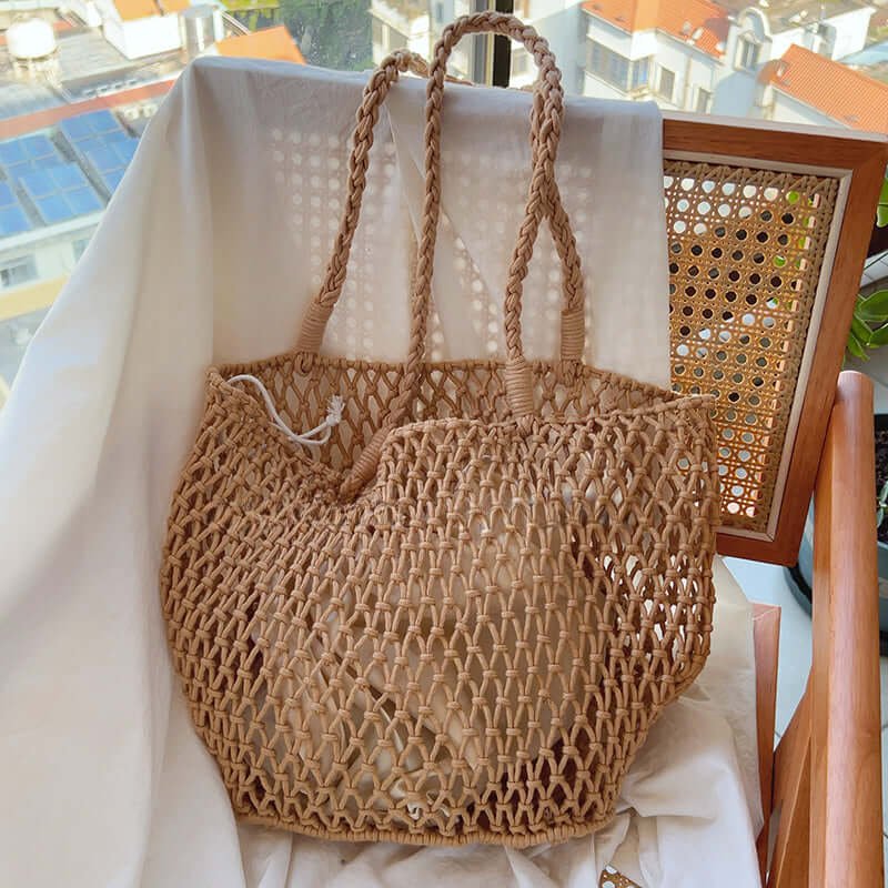 Mesh Solid Crochet Beach Tote with Inner Pocket