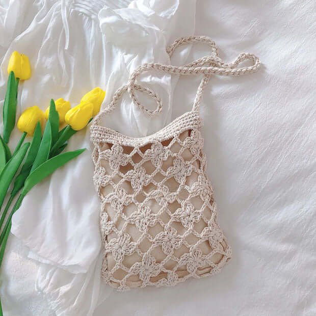 Cute Small Zipper Crochet Crossbody Bag White