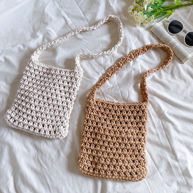 Women Mesh Crochet Cotton Crossbody Bag Brown