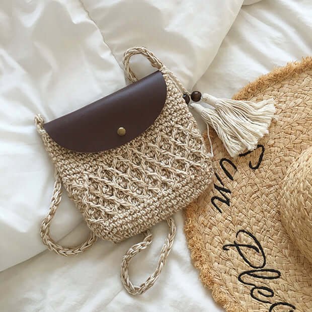 Cute Handmade Crochet Flip Bag with Tassel Apricot