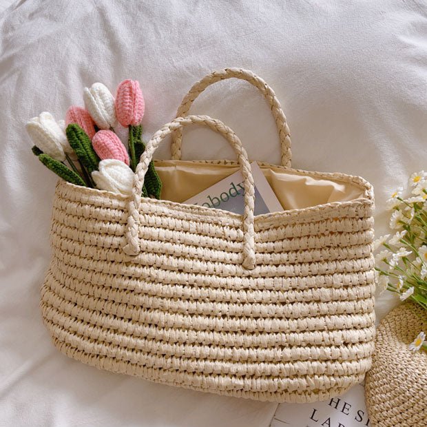 Summer Straw Woven Vegetable Basket Tote White