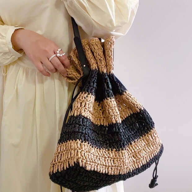 Design Black Drawstring Handbag Striped Straw Woven Bag