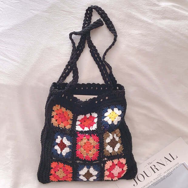 Grocery Crochet Pattern Granny Square Bag Black