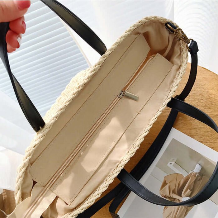 Brown Leather Handle Straw Bucket Bag for Women