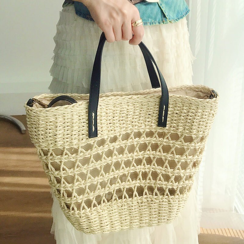 White Summer Straw Bucket Tote with Leather Handle