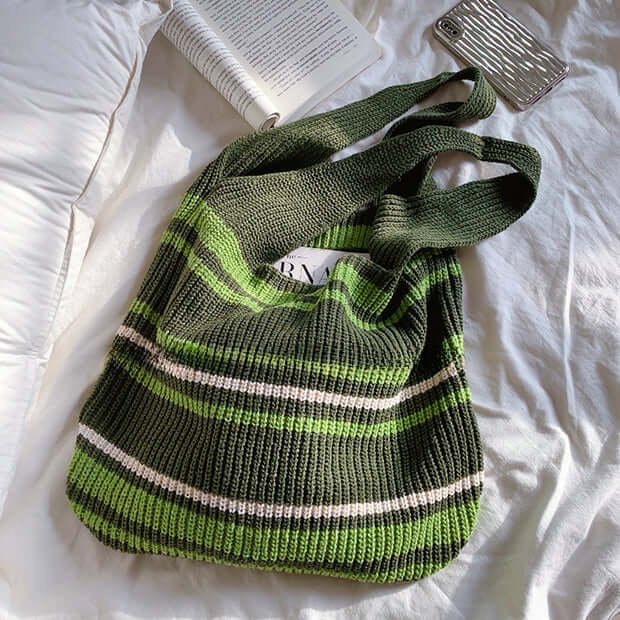 Green Striped Knitting Crochet Tote with Inner Bag