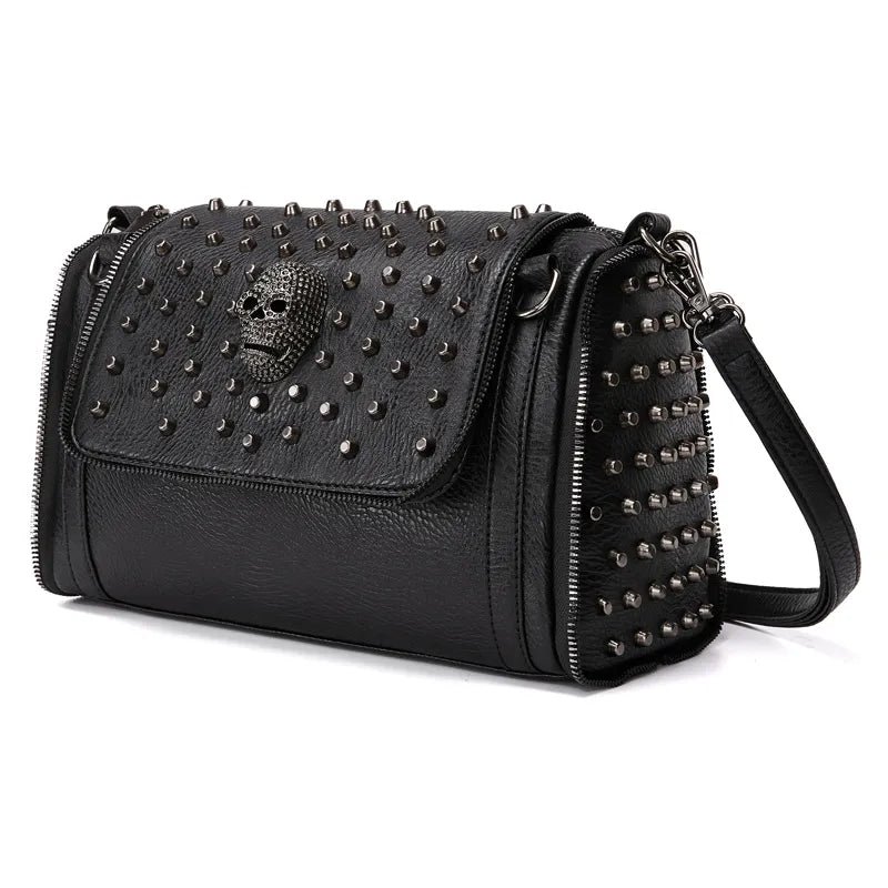 Leather Zipper Punk Skull Top-handle Purse Bag