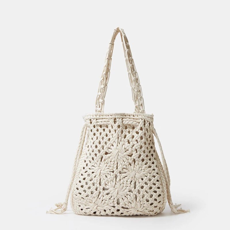 White Bohemian Bucket Woven Drawsting Bag