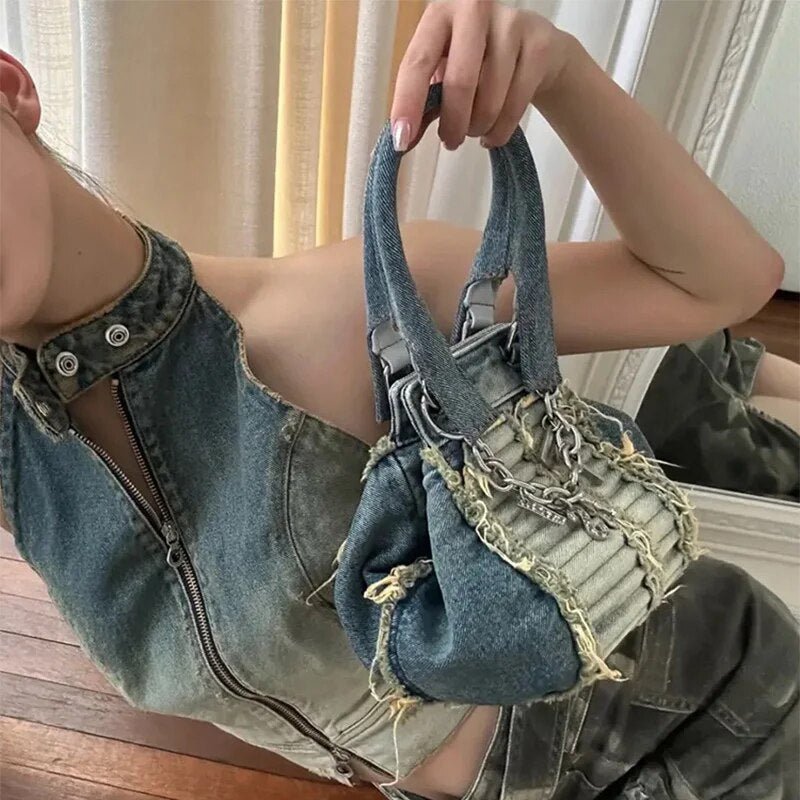 Jeans Blue Retro Girls Letter Bags with Metal Chain