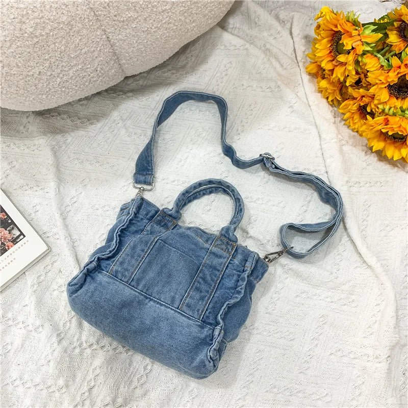 Light Blue Small Casual Tote Detachable Strap Lady Zipper Denim Purse