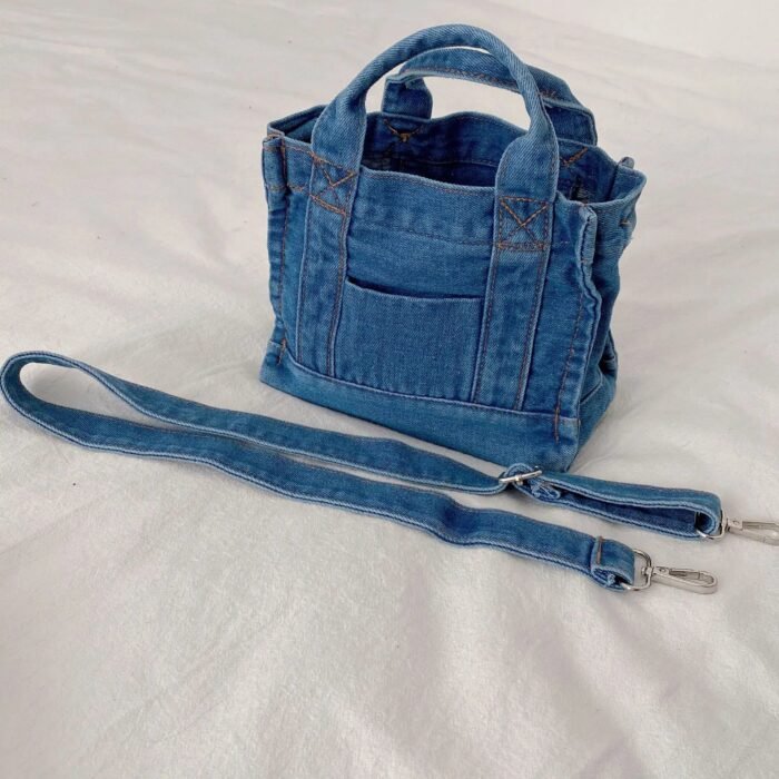 Light Blue Small Casual Tote Detachable Strap Lady Zipper Denim Purse