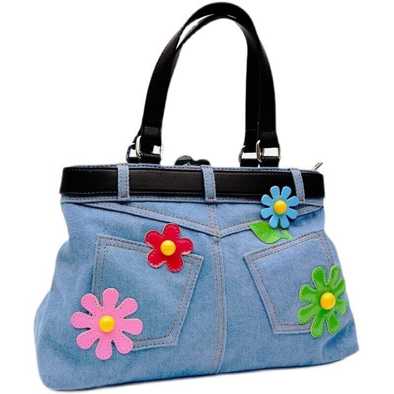 Denim Vintage Flower Print Unusual Underarm Travel Handbag