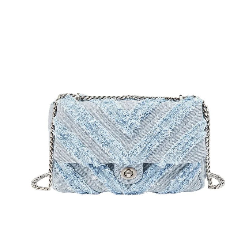 Chic Denium Metal Chain Shoulder Purse Light Blue